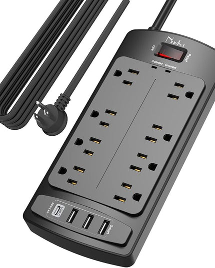 Surge Protector Power Strip - Nuetsa Flat Plug Extension Cord with 8 Outlets and 4 USB Ports, 15 Feet Power Cord (1625W/13A), 2700 Joules, ETL Listed, Black
