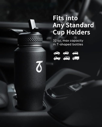 Trebo 32 oz Water Bottle Insulated Fit in Any Car Cup Holder,Triple Wall Vacuum Stainless Steel Water Bottles (Keep Cold for 48 Hrs),Leakproof Tumbler Flask with Paracord Handle,Straw Spout Lids