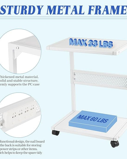 Liitrton PC Tower Stand 2-Tier CPU Stand with Locking Caster Wheels for Office & Home - Iron-White