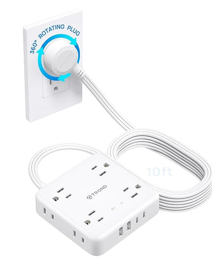 TROND 360° Rotating Flat Plug Power Strip, 10FT Flat Extension Cord with Multiple Outlets 4 USB (2 USB C), Wall Mount Surge Protector 1440 Joules for Home Office Travel Dorm Room Essentials, White