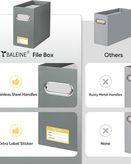 BALEINE File Organizer Box, Cardboard File Folder Organizer with Handle for Letter Size, Portable Collapsible Hanging Filing Box for Home Office Document Storage (4 Pack, Grey)