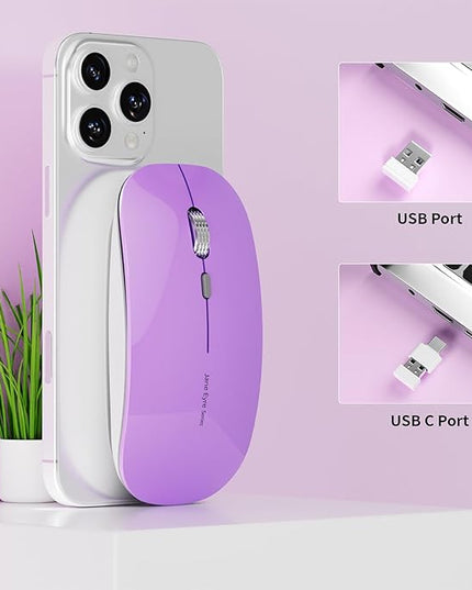 Uciefy Q5 Slim Rechargeable Wireless Mouse, 2.4G Portable Optical Silent Ultra Thin Wireless Computer Mouse with USB Receiver and Type C Adapter, Compatible with PC, Laptop, Desktop (Purple)