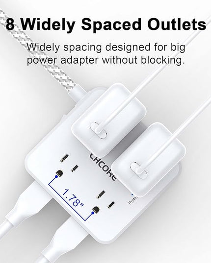 5Ft Flat Plug Braided Extension Cord - CHCORE Surge Protector Power Strip with 8 Outlets and 2 USB-C (PD 30W) Fast Charging Ports and 2 USB-A Ports for Home, Office, Dorm Room Essentials, ETL, White