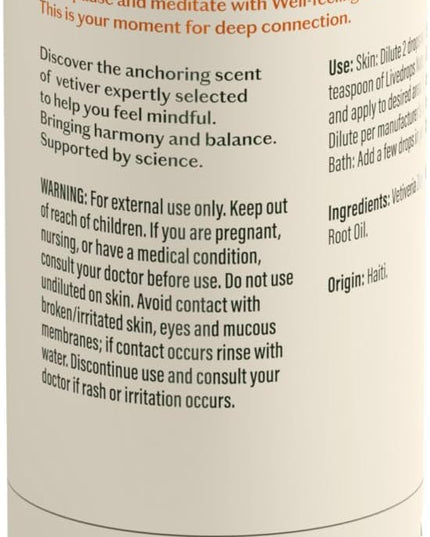 LIVEDROPS 24/7 Balanced Vetiver Essential Oil, Natural Vegan Aromatherapy for Diffuser or Diluted Skin Use, Earthy Woody Scent, Origin Haiti, Made in USA, Clinically Tested, 10ml