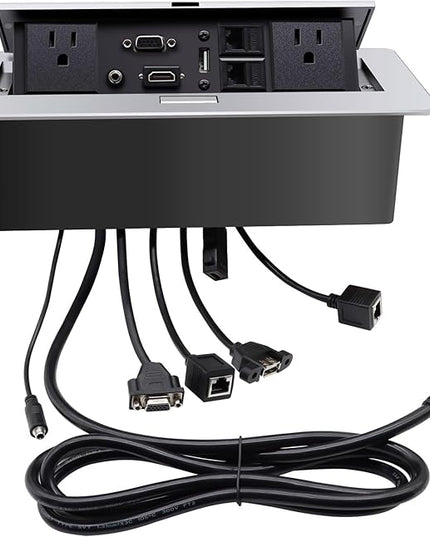 Pop Up Outlet; Pop up Power Strip; Embedded countertop Connection Outlet Box; 2 Outlets Max Power 1875W,HDMI USB VGA 3.5mm Audio Network Port Conference Table Multimedia Outlet Box -Silver