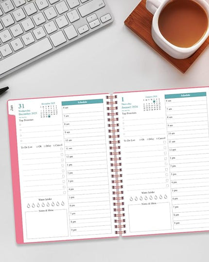 Daily Planner 2026 Full Page Per Day- 2026 Daily & Monthly Planner from January 2026 to December 2026, Day Planner 2026 with 12 Months Tabs, 6.4" x 8,5", Pink