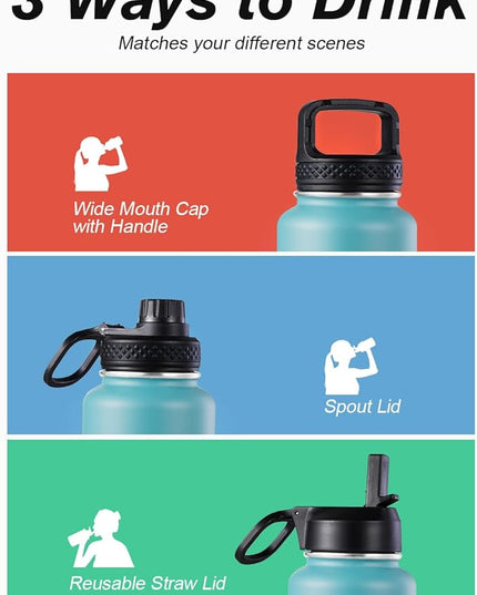 Coolflask Water Bottle 40 oz Insulated with Straw, Stainless Steel Metal 3 Lids Water Flask for Sports or Office, Keep Cold 48H Hot 24H, Indigo Blue