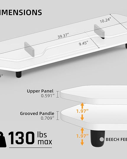 2 Tier Dual Monitor Stand Riser,Wider Board Computer Monitor Stand for 2 Monitors,Slot For Phone/Tablet Office Desktop Organizer for Laptop,PC,Computer,Printer,White