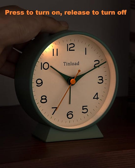Tinload 4.5" Battery Operated Retro Analog Alarm Clock, Small Silent Bedside Desk Clock,Lighted on Demand, Battery Operated, Snooze, for Living Room, Bedroom, Bedside, Desk(Green)