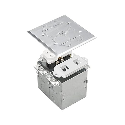 SLFB-2G-TR20-LV-NI 20A Receptacle Outlets,Tamper Resistant Electrical Floor Box with Flip Lid and Nickel Plated Brass Cover,Retractable Recessed Socket for Kitchen,Countertops & Floors