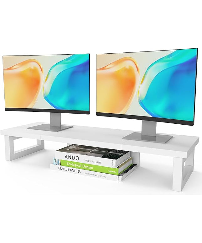 WESTREE Dual Monitor Stand Riser, Wood and Steel Monitor Stand Riser, Computer Monitor Stand for 2 Monitors, Multi-Purpose Desktop Storage Stand for Computer,Laptop,Printer,TV