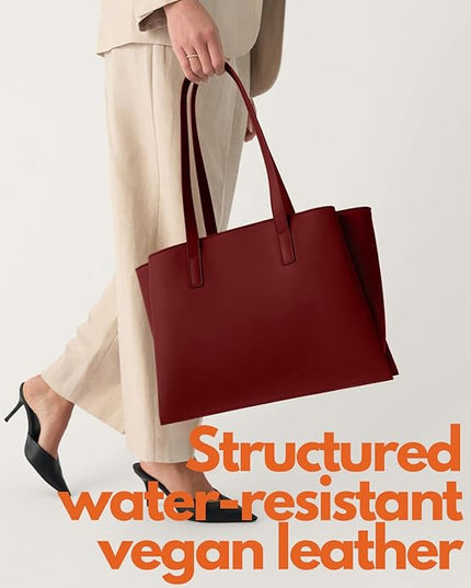 Work Tote Bags for Women 14 Inch - Work Bag Laptop Bag with Zip Compartments - Large PU Leather Office Computer Briefcase