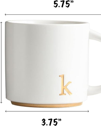 COLLECTIVE HOME - Monogram Ceramic Mugs, 15 oz Golden Initial Coffee Cups, Elegant Alphabet Tea Mugs, Elegant Personalized Mug with Gift Box, Luxurious Cups for Office and Home (k)