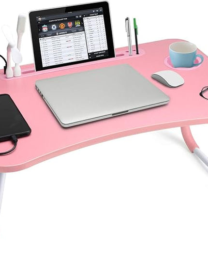 Slendor Lap Desk with Cup Holder, Foldable Laptop Table for Bed, Portable Bed Desk for Laptop and Writing, Computer Tray with Tablet Slot, Notebook Stand Reading Holder for Couch Sofa Floor,Pink