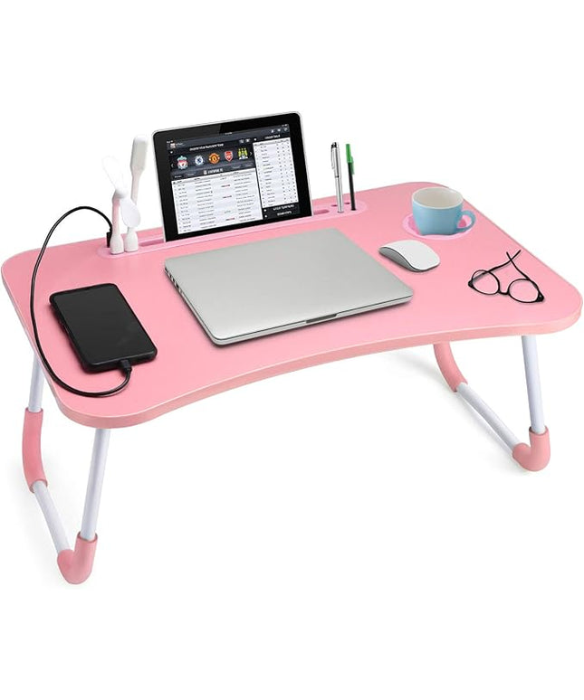 Slendor Lap Desk with Cup Holder, Foldable Laptop Table for Bed, Portable Bed Desk for Laptop and Writing, Computer Tray with Tablet Slot, Notebook Stand Reading Holder for Couch Sofa Floor,Pink