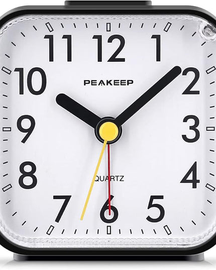 Peakeep Small Battery Operated Analog Travel Alarm Clock Silent No Ticking, Lighted on Demand and Snooze, Beep Sounds, Gentle Wake, Ascending Alarm, Easy Set (Black)