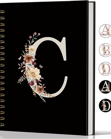 Lacama Campus Initial Letter C Notebook Journal, Cute Wildflower Personalized Black Spiral Notebook, School Supplies, Customized Monogrammed Gifts, Birthday Gifts for Women, Office Supplies