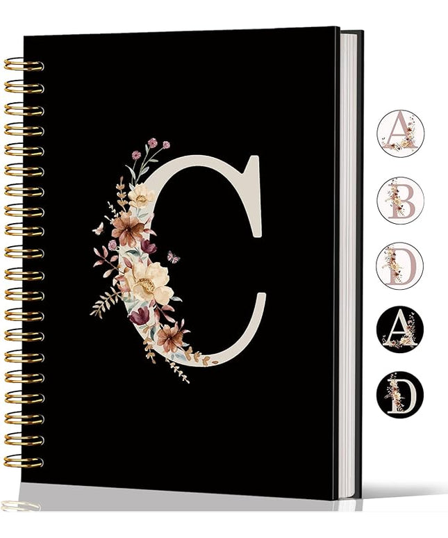 Lacama Campus Initial Letter C Notebook Journal, Cute Wildflower Personalized Black Spiral Notebook, School Supplies, Customized Monogrammed Gifts, Birthday Gifts for Women, Office Supplies