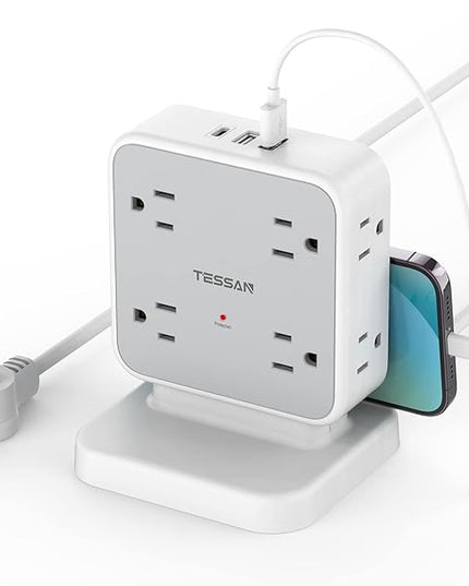 Power Strip Tower Surge Protector, TESSAN 8 AC Outlets with 3 USB (1 USB C Port), 5 FT Flat Plug Extension Cord with 900 Joules Protection, Desk Charging Station for Home Office Supplies, Dorm Room