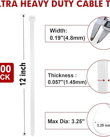 Zip Ties, RAZCC 1200pcs Cable Zip Ties 12 Inch, Heavy Duty White Plastic Wire Ties with 70lb Tensile Strength, Self-Locking Nylon Cable Ties, Wire Management for Indoor and Outdoor
