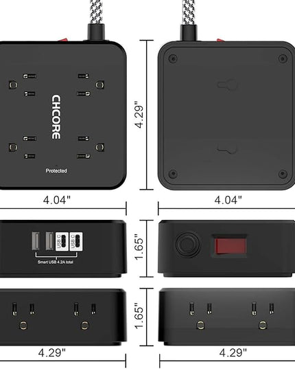 Surge Protector Power Strip - CHCORE 6Ft Braided Extension Cord with 8 Outlets with 4 USB (2 USB C) Charging Ports, Flat Plug Multi Plug Outlet Extender Charging Station for Home Office, ETL, Black
