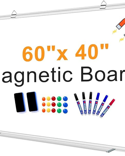Large Magnetic Dry Erase Whiteboard, 60"X40" White Board for Wall with Long Pen Tray, Dry Erase White Board for Home Office Classroom
