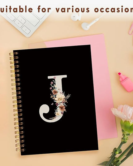 Lacama Black Initial Letter J School Notebook Journal, Cute Wildflower Personalized Spiral Notebook, School Supplies, Customized Monogrammed Gifts, Birthday Gifts for Women, Office Supplies