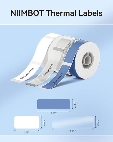 NIIMBOT Label Maker Tape for D110/D11/D101 Label Printer, Multi-Size 3Rolls Pack | 0.59'' x 1.18''White, 0.55'' x 1.97''Transparent, 0.47'' x 1.57''Blue, for Home Office School Labeling