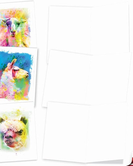 The Best Card Company Assorted Animal Watercolor Blank Greeting Card Box Set - Incl. 10 Unique Notecards Designs + Envelopes for Thank You, Invitations - Funky Rainbow Llamas AM6862OCB-B1x10