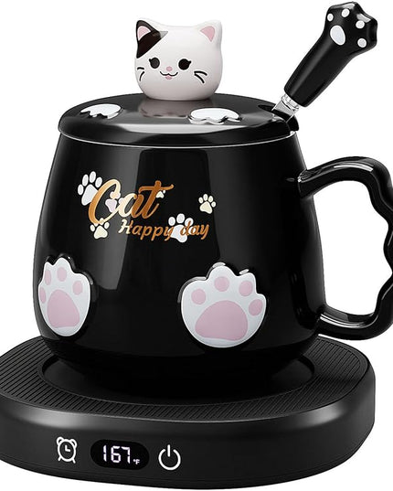 Coffee Mug Warmer & Cute Cat Mug Set, Beverage Cup Warmer for Desk Home Office with 4 Temperature Setting Up to 167℉/ 75℃, Coffee Warmer for Cocoa Milk Tea Water Candle, 8 Hours Auto Shut Off (Black)