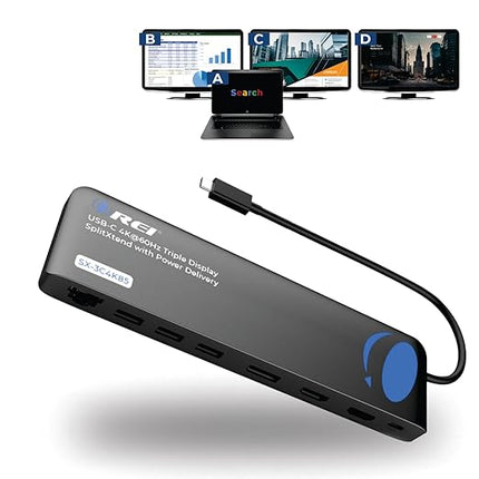 OREI SplitExtend 4K Splitter Extended Display Triple Monitor 2, 1 DisplayPort Docking Station 4 Separate Screens - USB-C to HDMI Adapter, 100W PD LAN, 4 USB 3.0, MircoSD, Windows, Mac OS