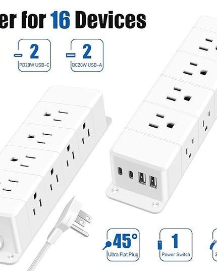 40W Fast Charging Under Desk Power Strip,12 Outlet Mountable Power Strip with 4 USB,1200J Surge Protection,10FT Flat Extension Cord