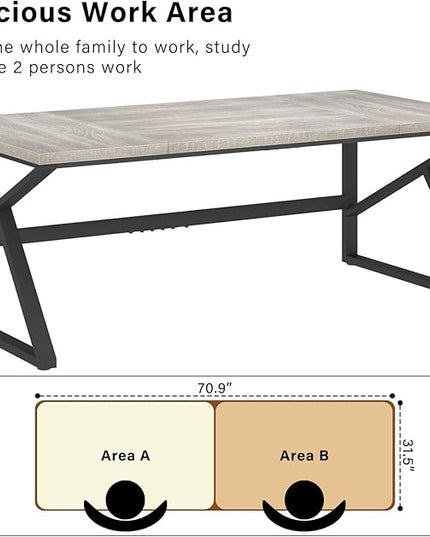 HSH 70 Inch Long Grey Desk, Large Home Office Computer Desk for 2 People, Industrial Wood and Metal Executive Work Writing Study Gaming Desk Table, Modern Bedroom Simple PC Laptop Desk Double Desk
