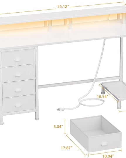 Furologee 55" White Computer Desk with 4 Fabric Drawers & Monitor Stand, Gaming Desk with Power Outlets - LED Lights, Home Office Space-Saving Study Table for Bedroom Small Spaces