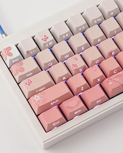 Tsungup PBT Keycaps Cherry Blossom Keycap Set - Custom Side Printed Pink Keycaps,135 Keys Gradient DoubleShot Sakura Key caps Cherry Profile Keyboard Key caps for Mechanical Keyboards