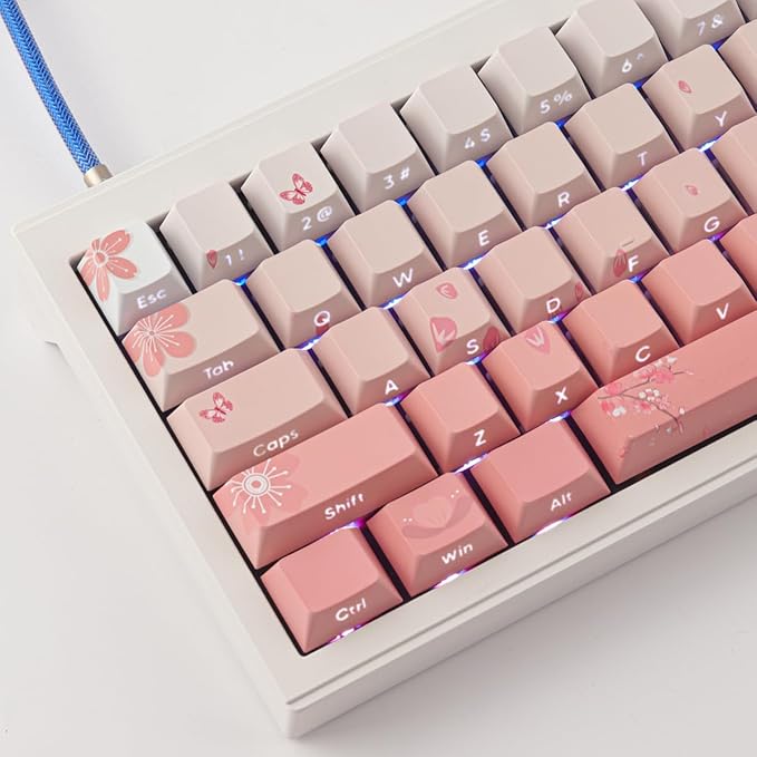 Tsungup PBT Keycaps Cherry Blossom Keycap Set - Custom Side Printed Pink Keycaps,135 Keys Gradient DoubleShot Sakura Key caps Cherry Profile Keyboard Key caps for Mechanical Keyboards