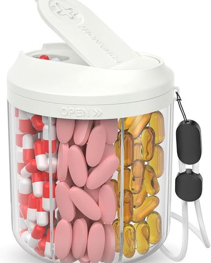 Pill Dispenser with 7 Large Compartments, 4.4" H x 3.6" Dia Pill Bottle Organizer for Travel, Supplement Organizer with Anti-Mixing Design, BPA-Free Pill Container with 20 Pcs Labels, Beige