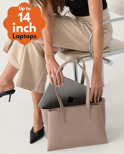 Work Tote Bags for Women 14 Inch - Work Bag Laptop Bag with Zip Compartments - Large PU Leather Office Computer Briefcase