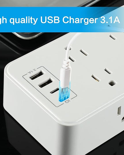 10FT Power Strip Extension Cord Surge Protector with 8 Outlets and 2 USB & 2 USB-C Port(5V 3.1A),Bold Extension Cord with Fuse Surge Protected Power Strip for Home Office (White)
