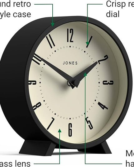 JONES CLOCKS® Venus Desk Clock | Modern Round Design | Black | Stylish Retro Look for Shelf, Table, Mantel or Bedside