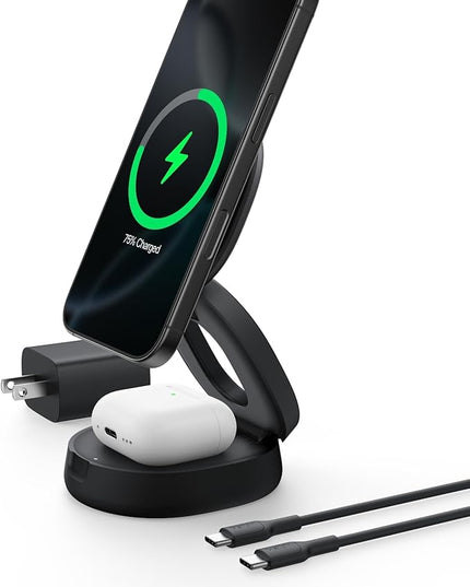 Belkin MagSafe Charger Compatible, 2-in-1 Qi2 Wireless Charging Station 15W, Convertible Charger for iPhone 17, Apple Watch, AirPods, Pixel 10, Portable Phone Stand for Travel w/ 30W Adapter - Black