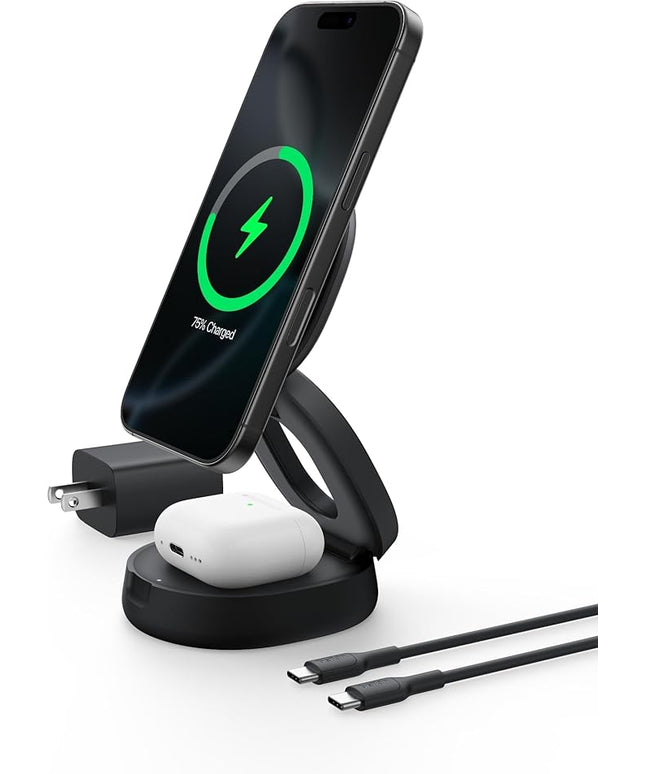 Belkin MagSafe Charger Compatible, 2-in-1 Qi2 Wireless Charging Station 15W, Convertible Charger for iPhone 17, Apple Watch, AirPods, Pixel 10, Portable Phone Stand for Travel w/ 30W Adapter - Black
