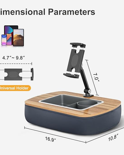 Lap Beanbag Tablet Pillow Stand,Adjustable iPad Holder with Snack Bowl,360° Rotating Clip for 4.7-13" Kindle,Phone,Tablet.Ideal for Hands-Free Reading and Relaxation on Bed,Couch,Recliner,Gray