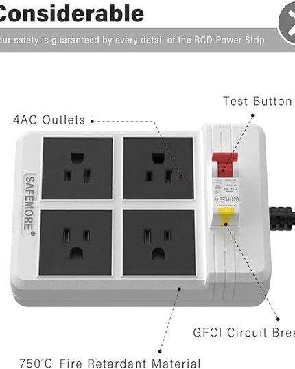 GFCI Power Strips with 9.84 FT Heavy Duty Extension Cord, 4 Gang Sockets 15A Fused SAFEMORE Power Strip 1875J with 30mA RCBO Leakage Protection, for Workshop Garage RV Indoor (White)