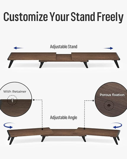 loukin Dual Monitor Stand Riser for Desk, 43.6"*8.2"*3.2" Large Computer Stand for 2 Monitors, Laptop, Printer, Length and Angle Adjustable Computer Shelf, Home Office,Max 43.6" Length(Brown)