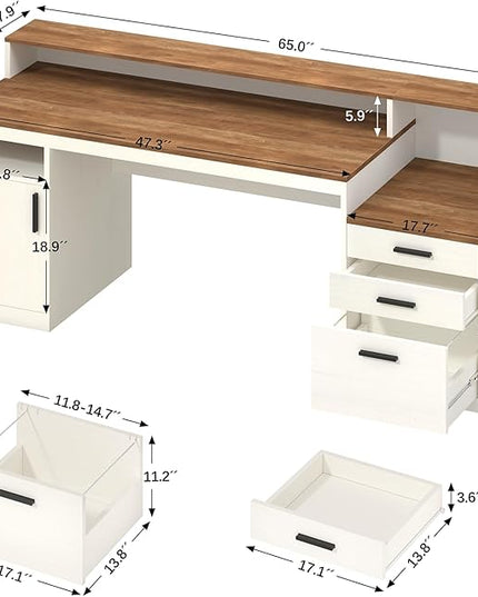 65 Inch Computer Desk with 3 Drawers & Storage Shelves, Executive Desk with File Drawer & Cabinet, Home Office Desk with Long Monitor Stand & Printer Shelf, Antique White