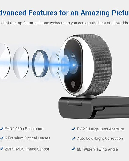 NexiGo N680E 1080P Webcam with Ring Light, Privacy Cover and Dual Microphone, Advanced Auto-Focus, Adjustable Brightness, Streaming Web Camera for Zoom Skype Facetime, PC Mac Laptop Desktop