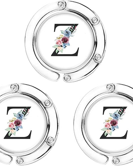 Iqimott 3pcs Personalized Initial Foldable Purse Hook for Table, Flower Letter Folding Handbag Hanger Portable Magnet Table Hook Holder, Collection Desk Purse Hooks for Women Bag (Black-Z)