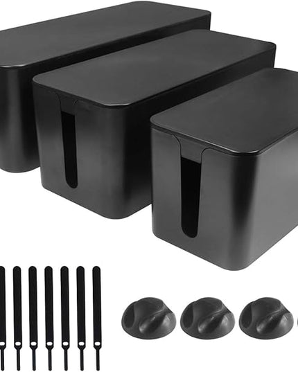 DUNCHATY 3 Pack Cable Organizer Box with Large, Medium, Small Cord Hider Box Safe ABS Material for Cover and Hide TV Wires, Computer, Router, USB Hub and Under Desk Power Strip&Cords