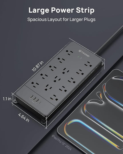 TROND Power Strip Surge Protector 10 ft Cord, 4000 Joules, ETL Listed, 13 Widely-Spaced Outlets Expansion with USB C Ports, Low-Profile Flat Plug, Wall Mount, Extension Cord, 14AWG Heavy Duty, Black